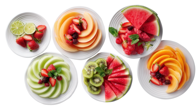 Elegant Serving Platters with Fruit: A flat lay of elegant serving platters filled with sliced fruits like melons and strawberries, isolated on a Transparent background, PNG file.