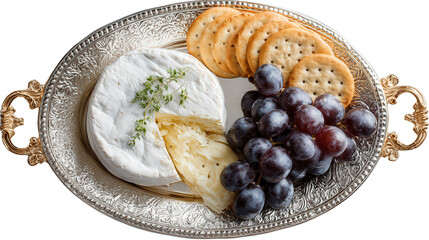 Elegant Serving Tray with Cheese: A flat lay of an elegant serving tray with cheese, grapes, and crackers, isolated on a Transparent background, PNG file.