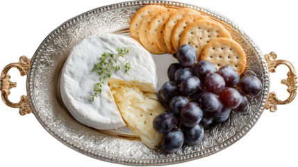 Elegant Serving Tray with Cheese: A flat lay of an elegant serving tray with cheese, grapes, and crackers, isolated on a Transparent background, PNG file.