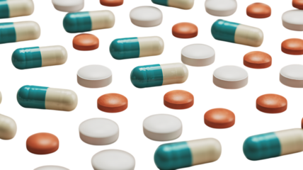 Photo of a variety of white and orange round pills are scattered across a transparent background alongside blue and white capsules