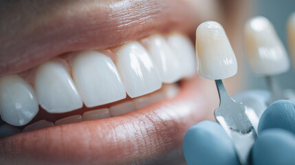 Close up of dentist using shade guide at woman's mouth to check veneer of teeth for bleaching