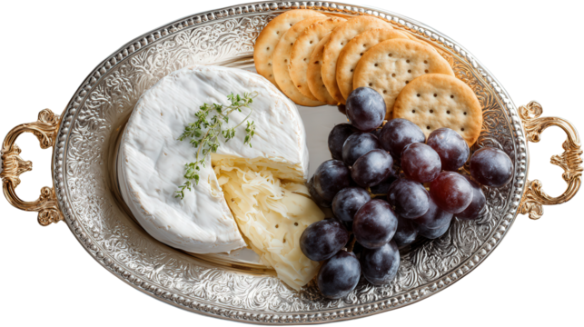 Elegant Serving Tray with Cheese: A flat lay of an elegant serving tray with cheese, grapes, and crackers, isolated on a Transparent background, PNG file.