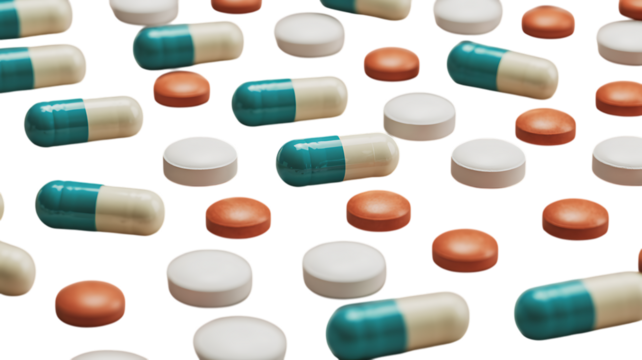 Photo of a variety of white and orange round pills are scattered across a transparent background alongside blue and white capsules
