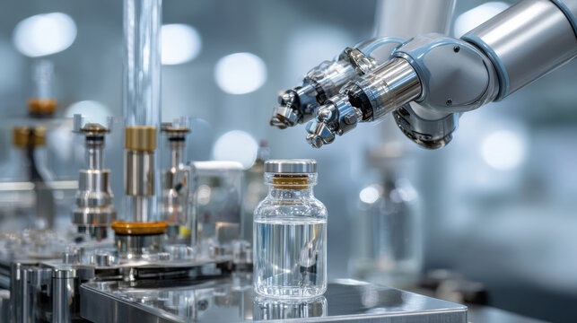 In a neatly laid out chemical laboratory with precise instruments, a metallic robotic arm flexibly extends and accurately grasps a transparent reagent bottle. 3D Illustration.