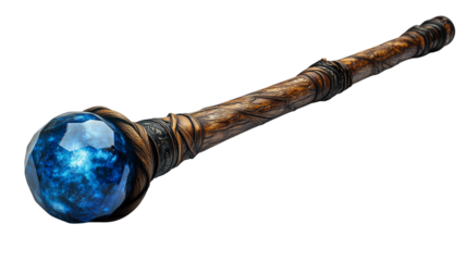 Blue sapphire gem staff with magical aura designed in fantasy style with curved wooden details on transparent background