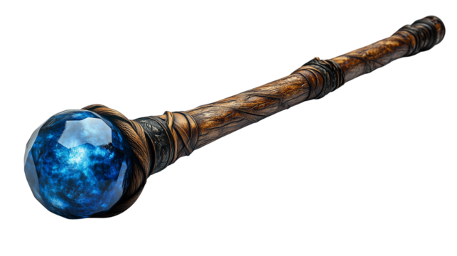 Blue sapphire gem staff with magical aura designed in fantasy style with curved wooden details on transparent background