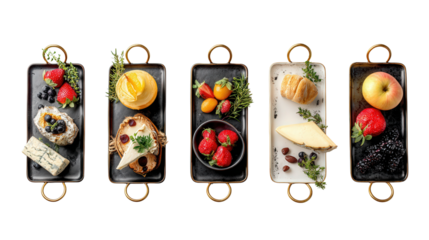 Elegant Serving Trays: A flat lay of elegant serving trays with appetizers, cheese, and fruits, isolated on a Transparent background, PNG file.