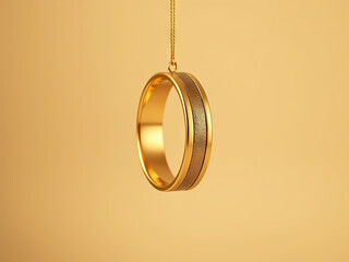 Golden ring with textured band detail, suspended on delicate chain against warm yellow background