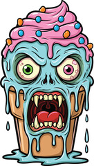 Scary zombie cupcake cartoon, creepy dessert monster with melting face, horror sweet treat, Halloween pastry character, funny vector art