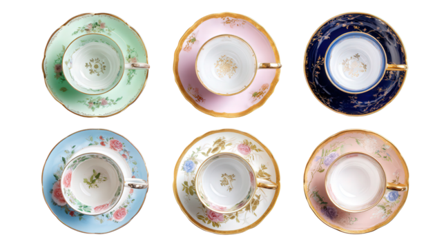 Elegant Tea Cups and Saucers: A flat lay of elegant tea cups with saucers, isolated on a Transparent background, PNG file.