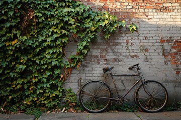 Fototapeta premium vintage bicycle resting against old brick wall, overgrown with ivy leaves, evoking nostalgia and calm in quiet urban corner, perfect for travel blogs or lifestyle publications