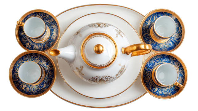 Elegant Tea Set on White Plate: A flat lay of an elegant tea set with teapot, cups, and saucers, isolated on a Transparent background, PNG file. - Powered by Adobe