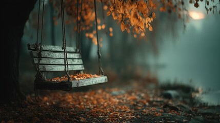 Lonely empty bench swing in a misty autumn forest with orange leaves and moody light.
