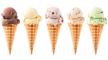 A tempting collection of diverse ice cream flavors presented in golden waffle cones