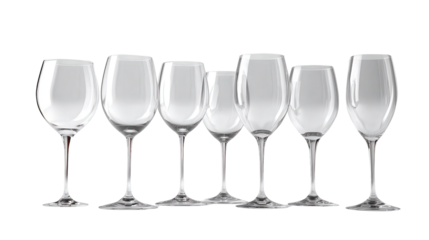 Elegant Wine Glasses: A flat lay of elegant wine glasses with delicate stems, isolated on a Transparent background, PNG file.