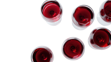 Elegant Wine Glasses: A flat lay of elegant wine glasses filled with red wine, isolated on a Transparent background, PNG file.