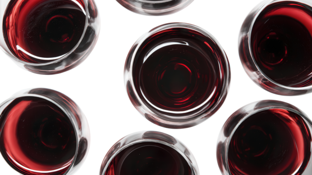 Elegant Wine Glasses: A flat lay of elegant wine glasses filled with red wine, isolated on a Transparent background, PNG file.