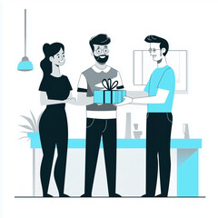 Coworkers celebrating and giving a gift in office environment  