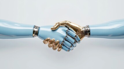 Two robotic arms shaking hands one light blue one gold High resolution 3D render
