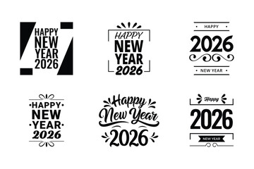 2026 Happy New Year logo collection — modern calligraphy symbols, festive text designs, vector templates, and decorative holiday typography elements