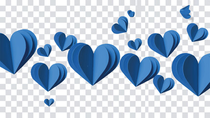 Multiple blue paper hearts floating on transparent background