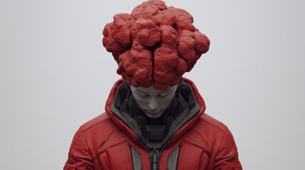 Figurative artwork Person in red jacket with a textured red headpiece Close up portrait