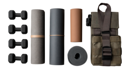Fitness and Yoga Equipment: A flat lay of fitness and yoga equipment like mats, dumbbells, and straps, isolated on a Transparent background, PNG file.