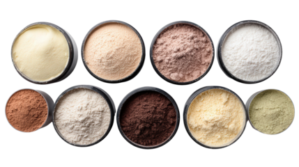 Fitness Protein Powders: A flat lay of fitness protein powders in containers, isolated on a Transparent background, PNG file.