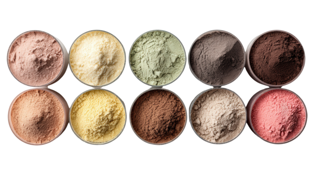 Fitness Protein Powders: A flat lay of fitness protein powders in containers, isolated on a Transparent background, PNG file.