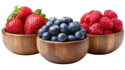 Fresh Berries in Wooden Bowls: A flat lay of fresh berries like strawberries, raspberries, and blueberries in wooden bowls, isolated on a Transparent background, PNG file.