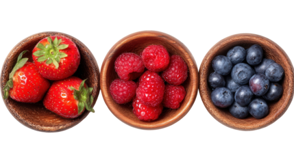 Fresh Berries in Wooden Bowls: A flat lay of fresh berries like strawberries, raspberries, and blueberries in wooden bowls, isolated on a Transparent background, PNG file.