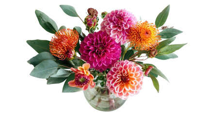 Fresh Cut Flowers in Vase: A flat lay of fresh cut flowers in a vase with vibrant colors, isolated on a Transparent background, PNG file.