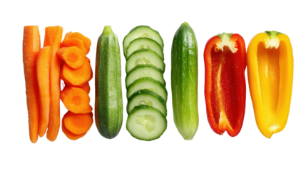 Fresh Cut Vegetables: A flat lay of freshly cut vegetables like carrots, cucumbers, and peppers, isolated on a Transparent background, PNG file.
