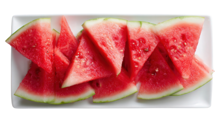 Fresh Cut Watermelon on Plate: A flat lay of freshly cut watermelon slices with vibrant red color, isolated on a Transparent background, PNG file.