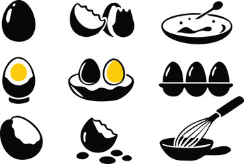 Black and Yellow Egg Icons Set Cooking Breakfast Food 
