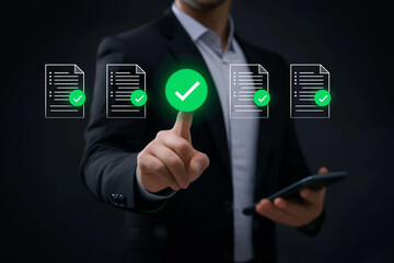 Digital checklist and approval workflow showing business document validation and task tracking system for decision making, process optimization, and quality verification with high efficiency