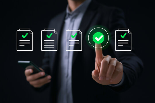 Digital checklist and approval workflow showing business document validation and task tracking system for decision making, process optimization, and quality verification with high efficiency