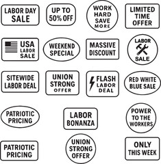 Collection of labor day sale and discount offer stamps and labels