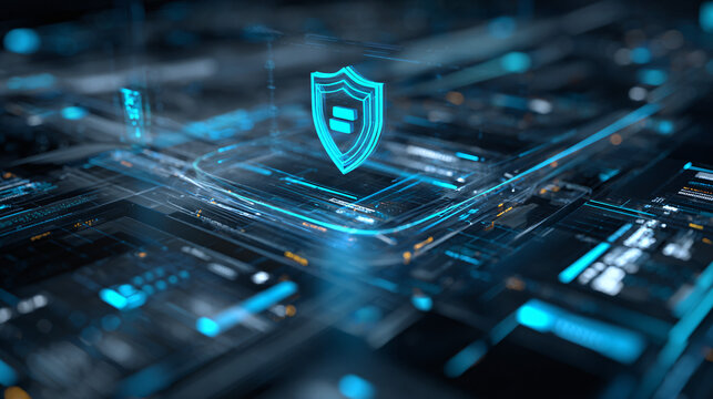 Glowing Cyber Shield Hovering Over a Digital Grid Network