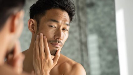 Asian man engaging in grooming and skincare self care routine in bathroom