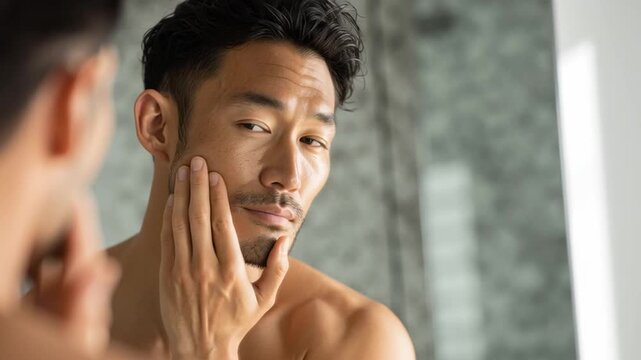 Asian man engaging in grooming and skincare self care routine in bathroom
