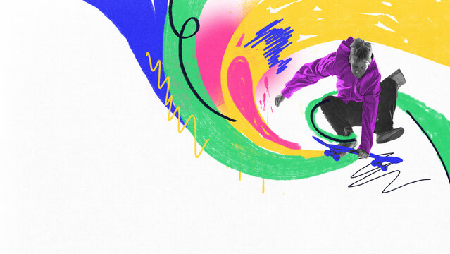 Digital art poster of boy on skateboard riding through vibrant abstract vortex. Concept of action, creativity, youth energy, bold movement, and street culture.