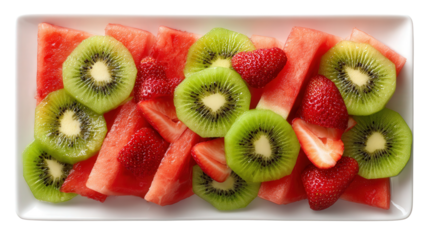Fresh Fruit Platter: A flat lay of a fresh fruit platter with slices of watermelon, kiwi, and strawberries, isolated on a Transparent background, PNG file.