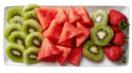 Fresh Fruit Platter: A flat lay of a fresh fruit platter with slices of watermelon, kiwi, and strawberries, isolated on a Transparent background, PNG file.