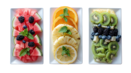 Fresh Fruit Platters: A flat lay of fresh fruit platters with slices of watermelon, pineapple, and kiwi, isolated on a Transparent background, PNG file.