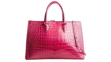 Stylish pink handbag with a textured crocodile design placed on a transparent background for fashion enthusiasts and accessories lovers