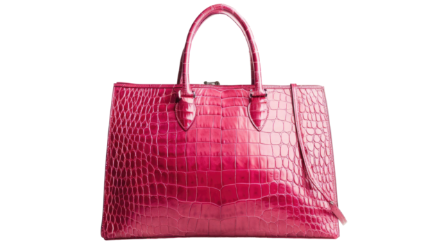 Stylish pink handbag with a textured crocodile design placed on a transparent background for fashion enthusiasts and accessories lovers