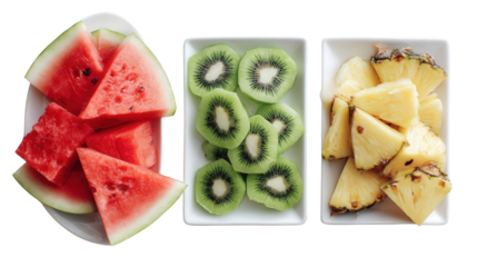 Fresh Fruit Platters: A flat lay of fresh fruit platters with sliced watermelon, kiwi, and pineapple, isolated on a Transparent background, PNG file.