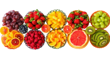 Fresh Fruit Platters : A flat lay of fresh fruit platters with vibrant seasonal fruits, isolated on a Transparent background, PNG file.