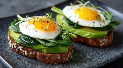 Foods boots serotonin. Delicious avocado toast topped with a fried egg and fresh greens on a dark plate.